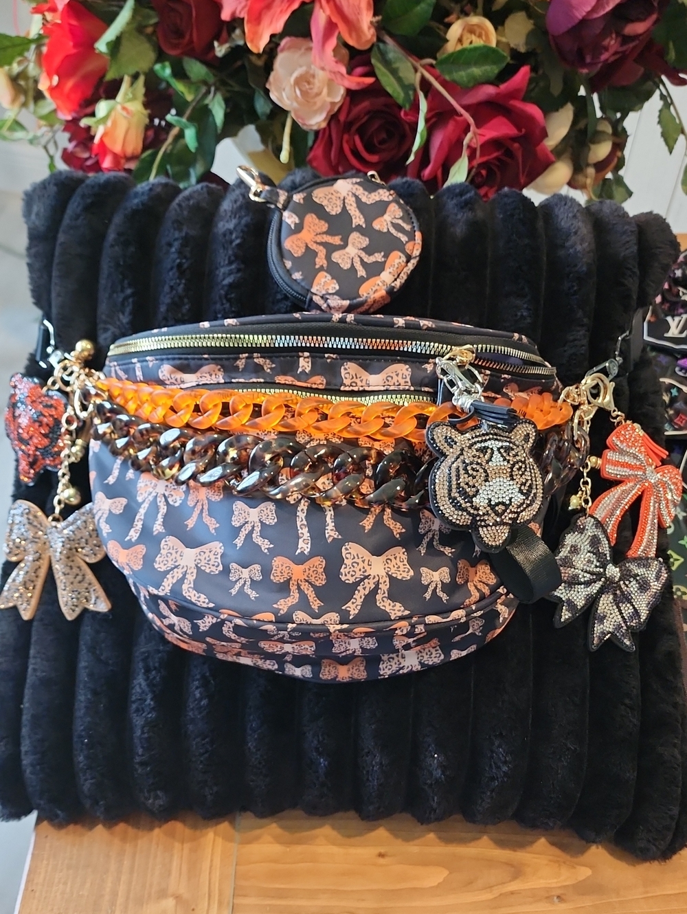 Bow Print Crossbody Belt Bag in Navy and Peach